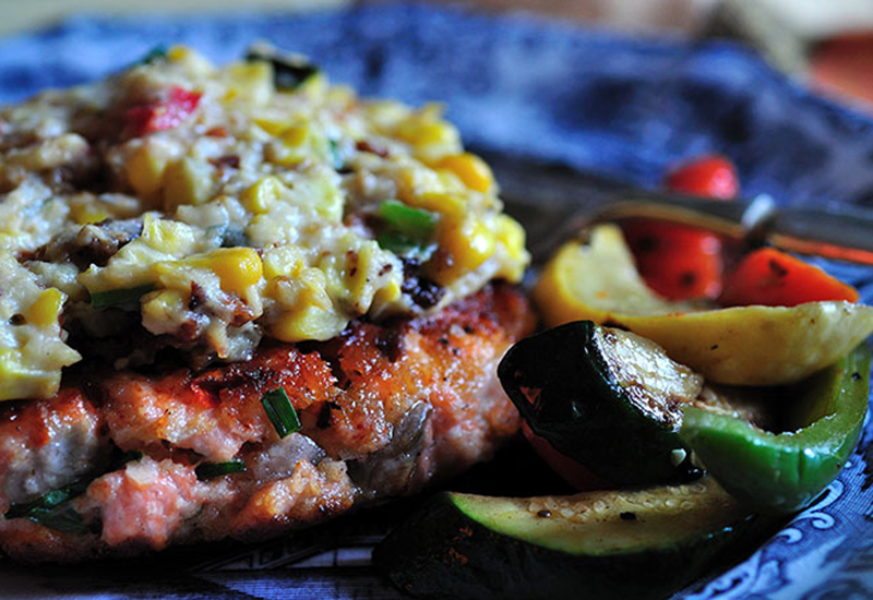 Salmon Burger with Corn Casserole and Sautéed Vegetables