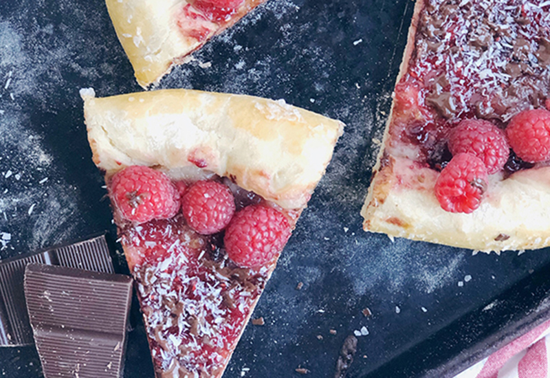 Raspberry Chocolate Dessert Pizza with Brie Stuffed Crust