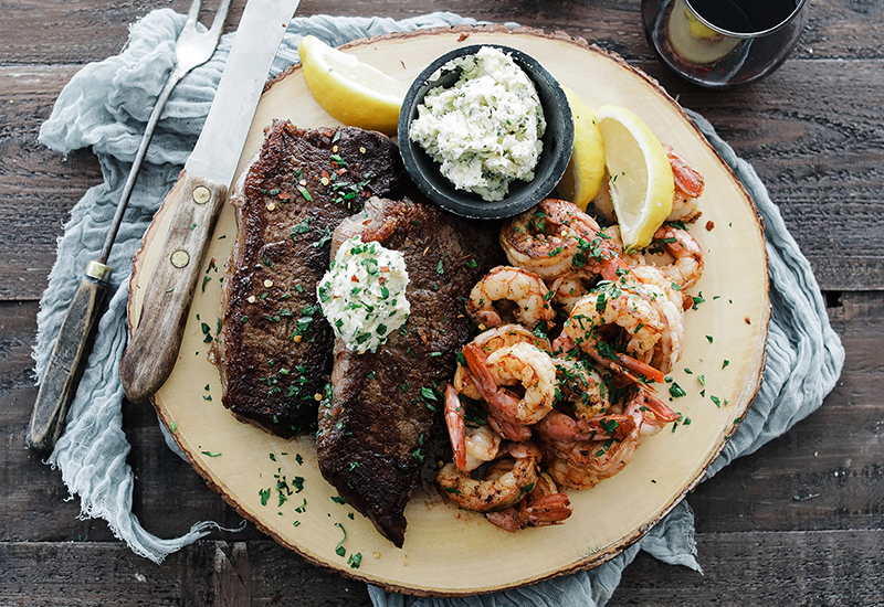 Steak and Shrimp Skillet with Herb Butter