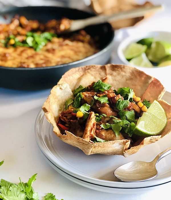 Chicken Burrito Skillet in Homemade Tortilla Bowl
