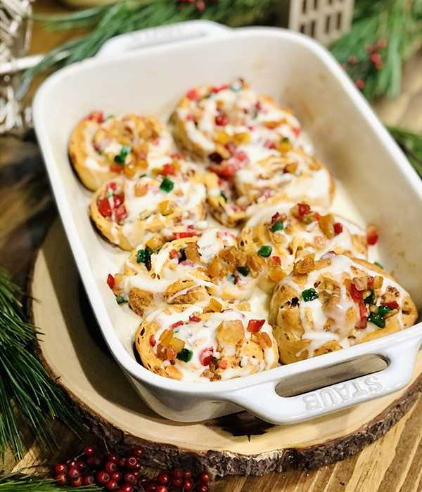 Spiced Pomegranate and Pear Cinnamon Rolls