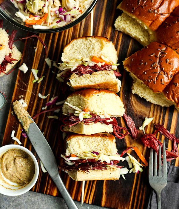 Shredded Corned Beef and Cabbage Slaw Sliders