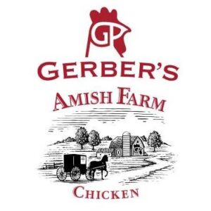 Gerber's Amish Farm Chicken logo with red lettering and a sketched image of an Amish buggy heading toward a farm. 