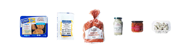 Ingredients for Crispy Chicken Sandwich including, breaded chicken cutlets, Colby jack cheese, hamburger buns, lemon and herb aioli, roasted tomatoes and dill potato salad.