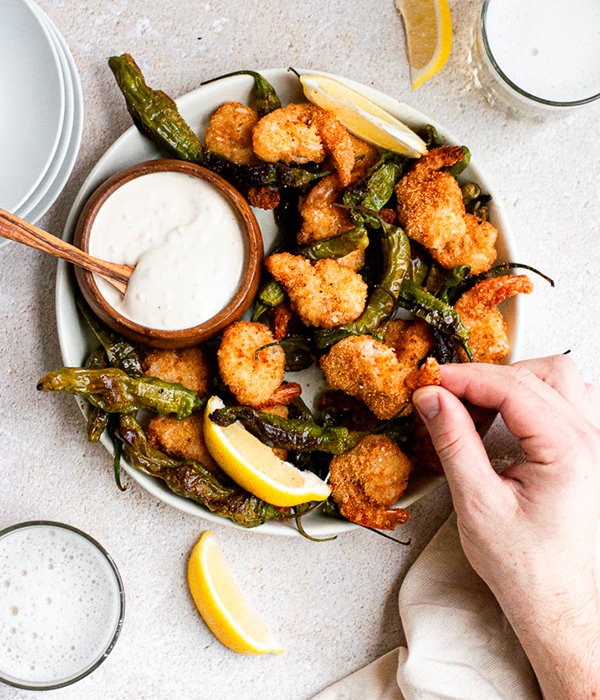Coconut Shrimp and Roasted Shishito Peppers