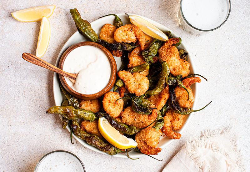 Baked Coconut Shrimp and Shishito Peppers with Lemon Garlic Aioli