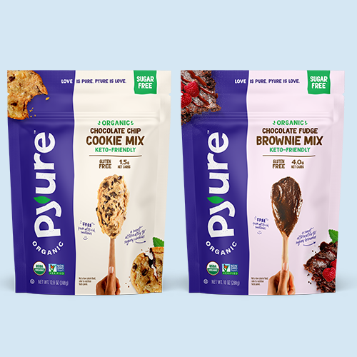 Pyure packages, one with chocolate chip cookie mix, the other with chocolate fudge brownie mix.