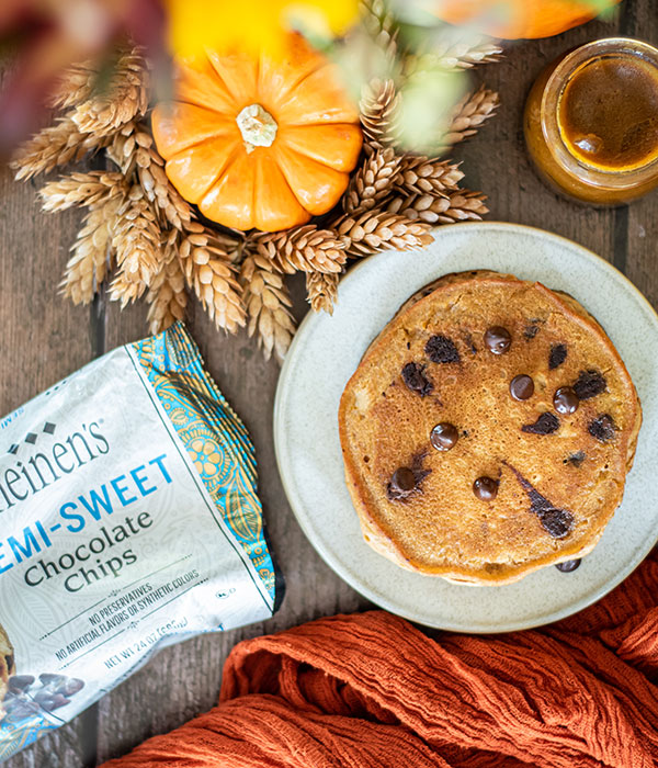 Pumpkin Chocolate Chip Pancakes with Bag of Chocolate Chips