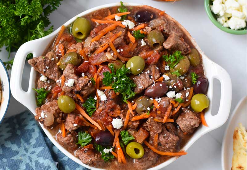 Mediterranean Beef with Mixed Olives & Feta