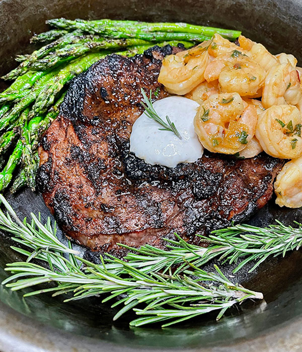 Ribeye Steaks with Caramelized Onion Shrimp