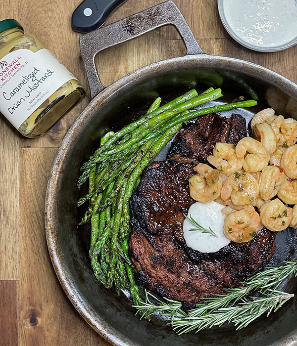 Ribeye Steaks with Caramelized Onion Shrimp
