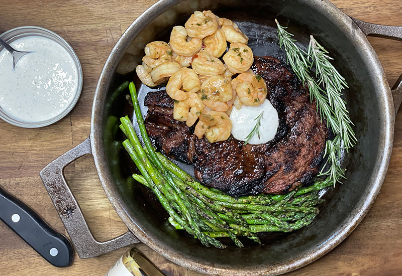 Ribeye Steak with Caramelized Onion Shrimp