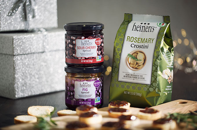 Heinen's sour cherry spread and fig spread next to Heinen's rosemary crostini.