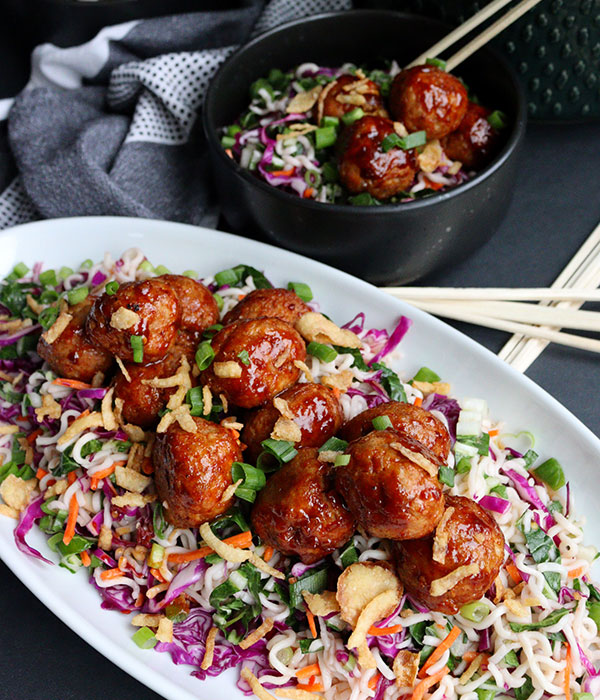 Sweet & Spicy Asian Meatballs with Ramen Noodle Salad