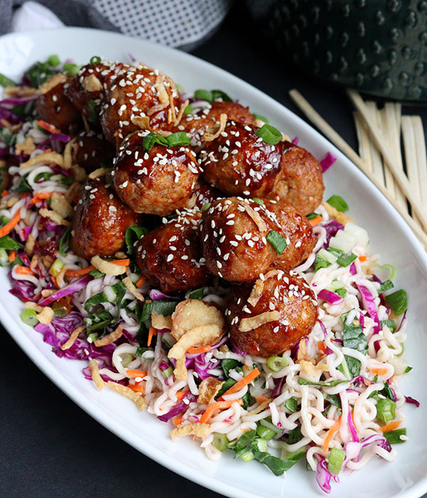 Sweet & Spicy Asian Meatballs with Ramen Noodle Salad