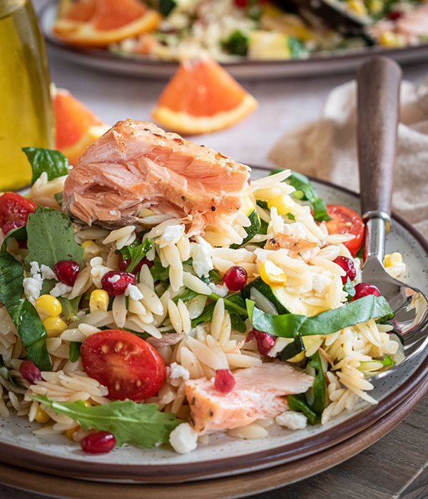 Grilled Mango Orzo Salad with Orange Glazed Salmon