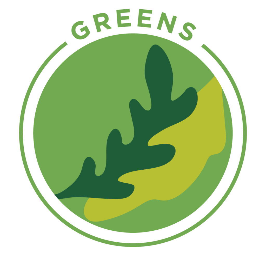 A circular green logo featuring a leaf at the center, with the word "Greens" displayed at the top.