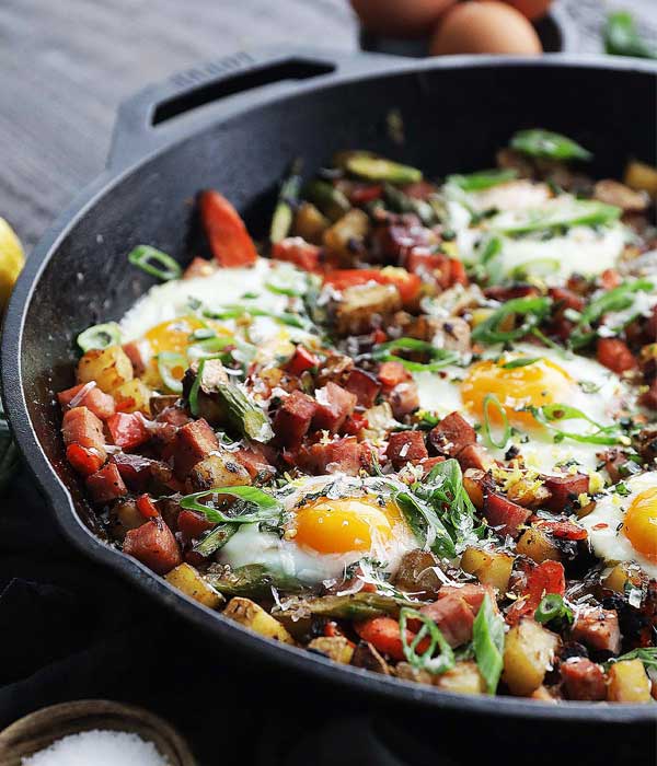 Spring Vegetable Hash with Ham and Eggs