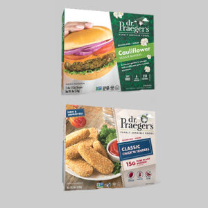 Dr. Praeger's cauliflower burger package and classic chicken fingers package.