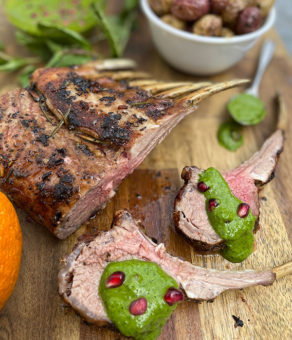 Roasted Rack of Lamb with Minty Pomegranate Verde