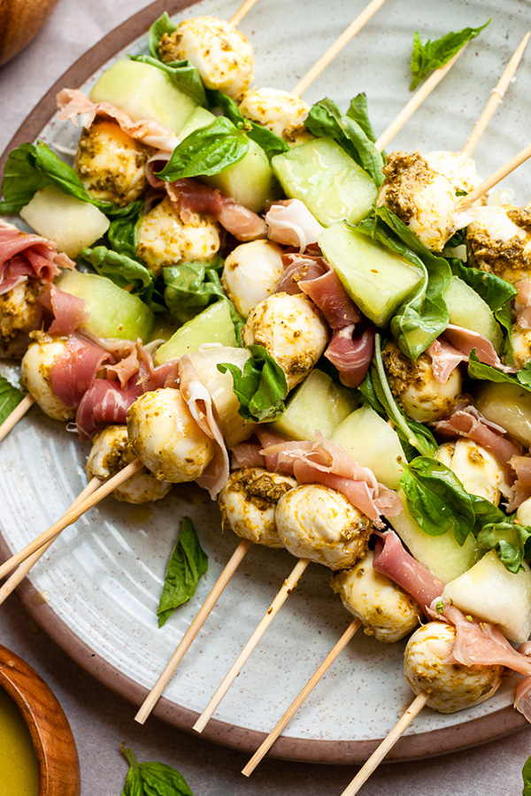 Marinated Mellon and Mozzarella Skewers