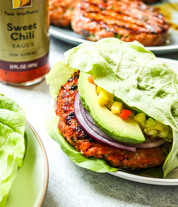 Sweet Chili Salmon Burger with Lettuce Bun