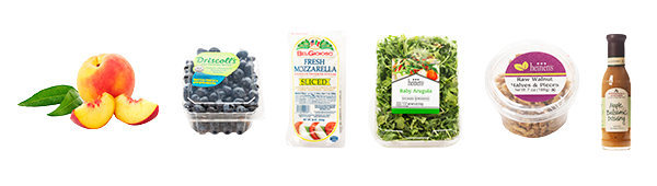 Ingredients for Grilled Peach Berry Salad including peaches, blueberries, mozzarella cheese, arugula, walnuts, and apple balsamic dressing.