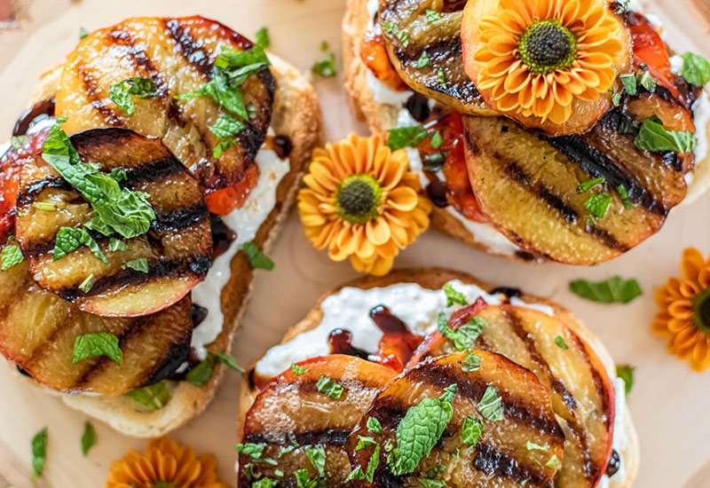 Grilled Peach Tartines with Burrata and Mint