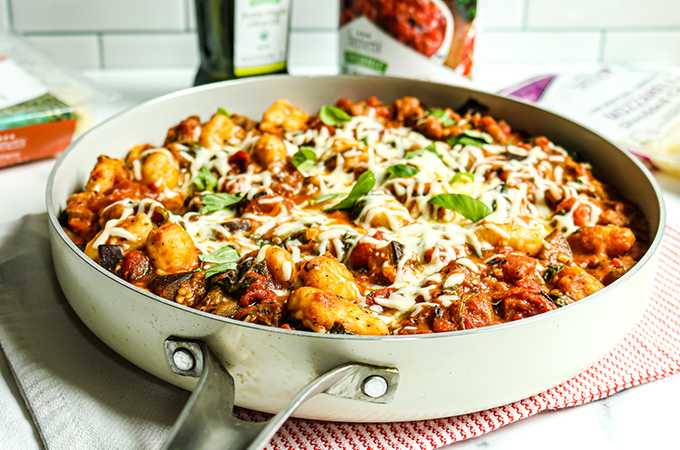 Skillet Gnocchi with Eggplant, Tomatoes and Spinach 