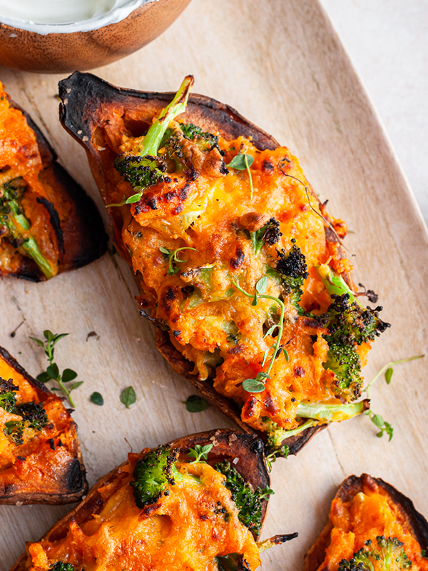 Broccoli Cheddar Sweet Potatoes