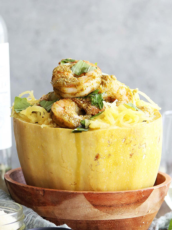 Cheese Spaghetti Squash and Pesto Shrimp