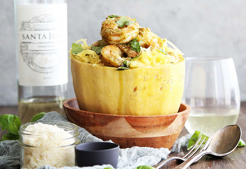 Cheesy Spaghetti Squash with Pesto Shrimp