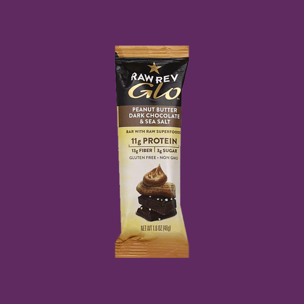 Raw Rev Glo nutrition bar in the flavor peanut butter dark chocolate & sea salt.
