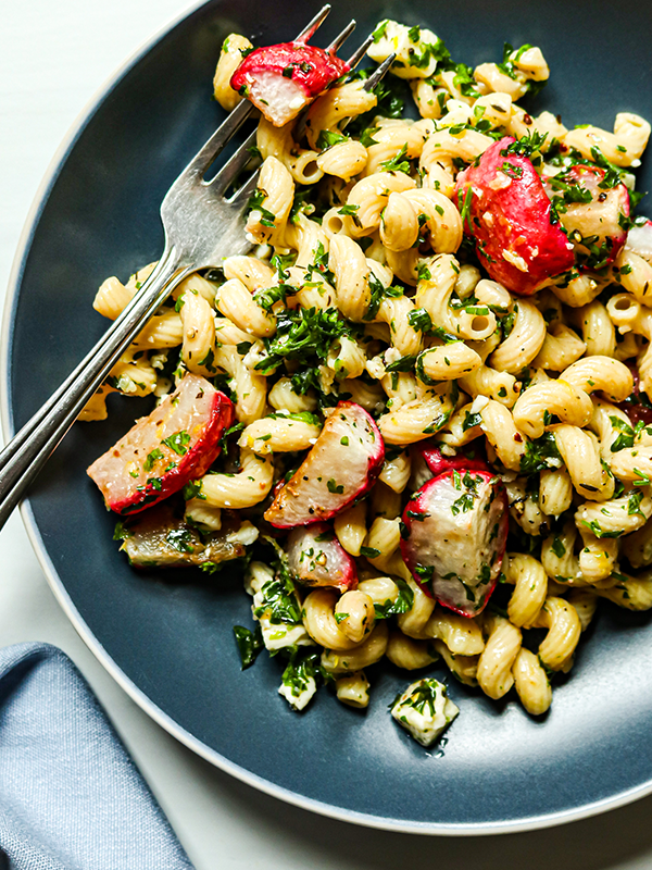 Roasted Radish Chickpea Pasta with Lemon and Garlic