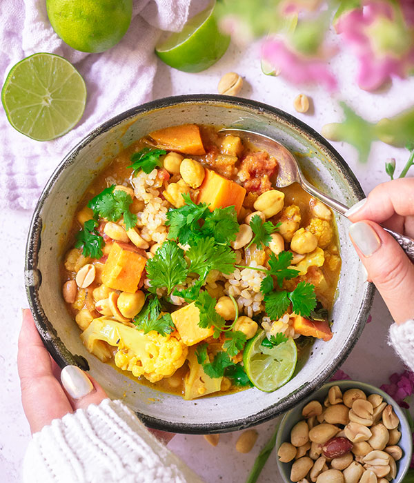 Sweet Potato Peanut Stew with Cauliflower and Kale