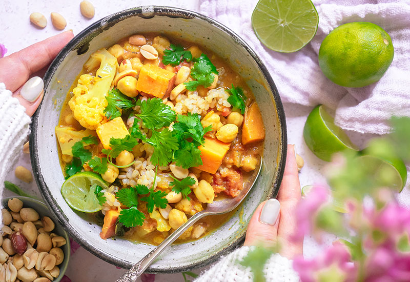 Sweet Potato Peanut Stew with Cauliflower and Kale