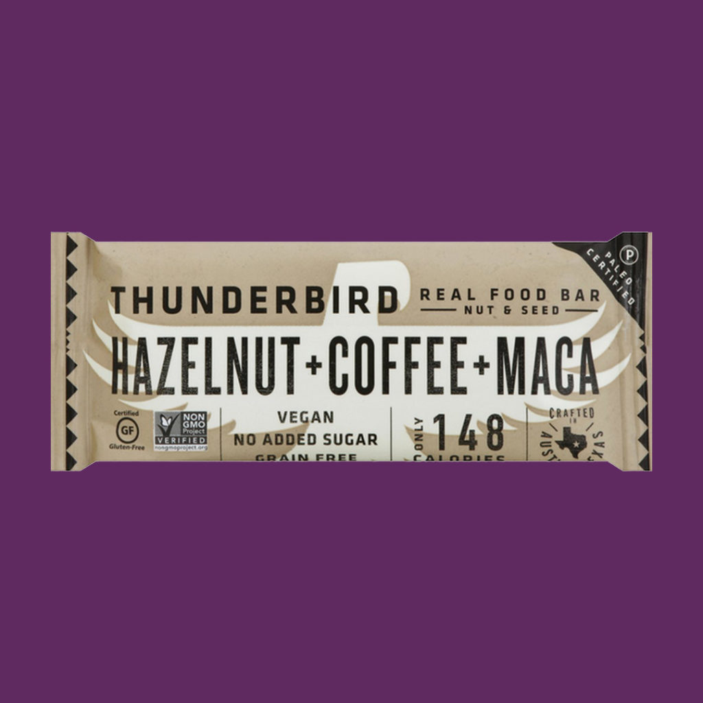 Thunderbird hazelnut, coffee and maca packaged nutrition bar.