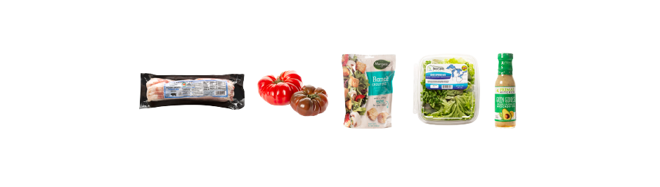 BLT Panzanella Salad ingredients including bacon, heirloom tomatoes, ranch croutons, lettuce, and green goddess dressing.