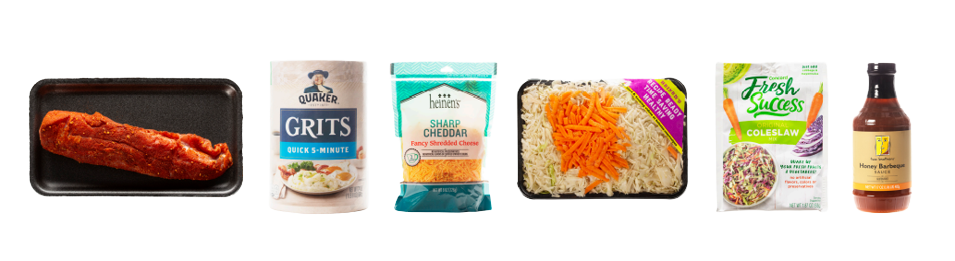 Ingredient spread including smokehouse pork tenderloin, grits, cheddar cheese, coleslaw, coleslaw mix, and honey BBQ sauce.