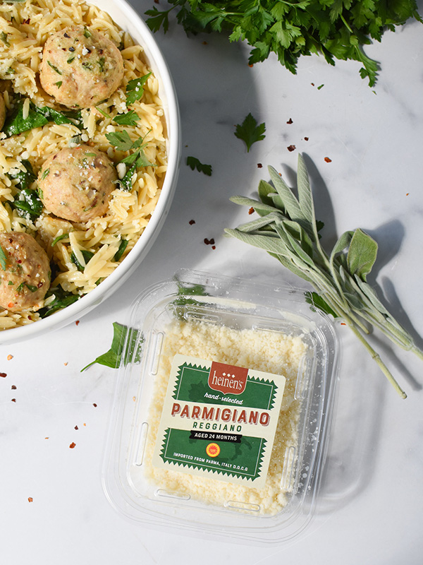 Baked Sage Chicken Meatballs with Parmesan Orzo