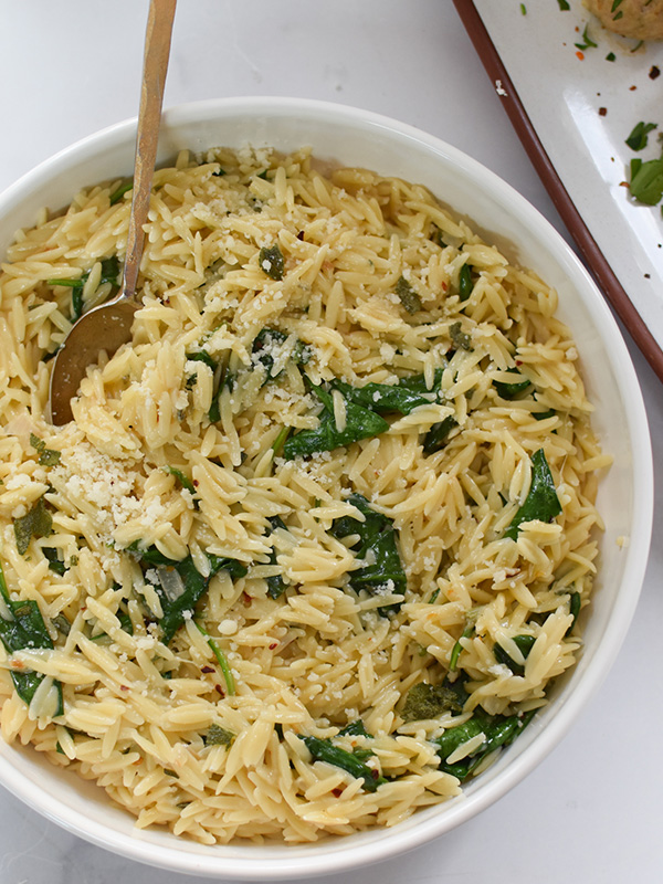 Baked Sage Chicken Meatballs with Parmesan Orzo