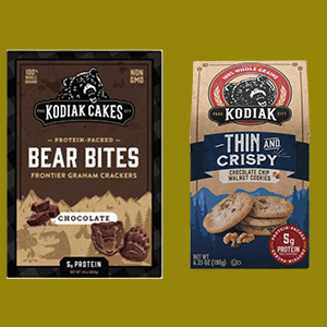 Kodiak products including bear bites graham crackers box and thin and crispy chocolate chip cookie package.