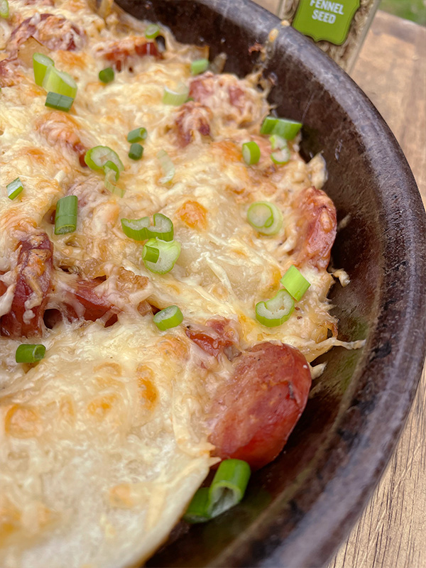 Skillet Sauerkraut Kielbasa and Pierogi Bake