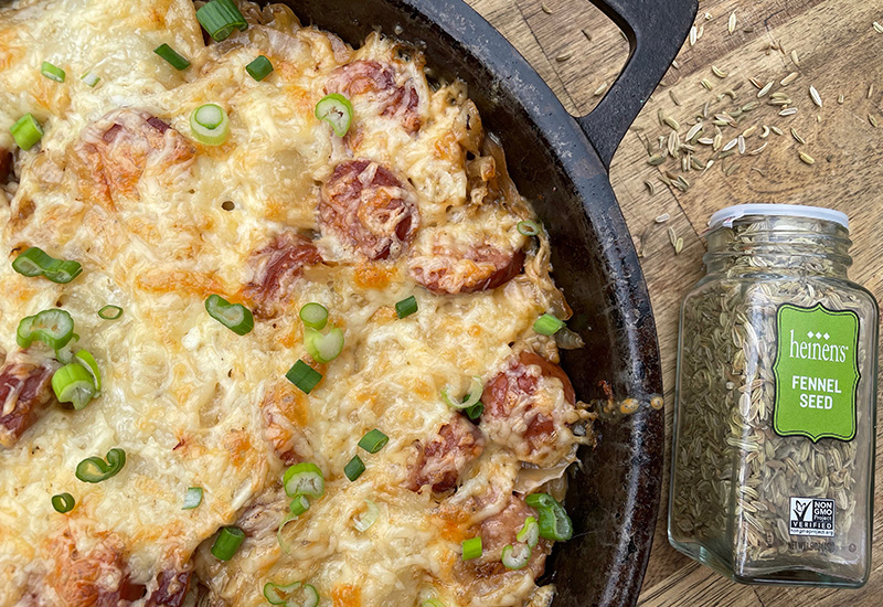 Skillet Sauerkraut Kielbasa and Pierogi Bake