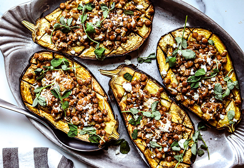 Lentil Stuffed Eggplant with Goat Cheese