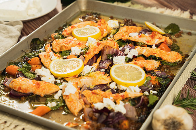 Healthy Harissa Chicken Bake with Lentils and Kale