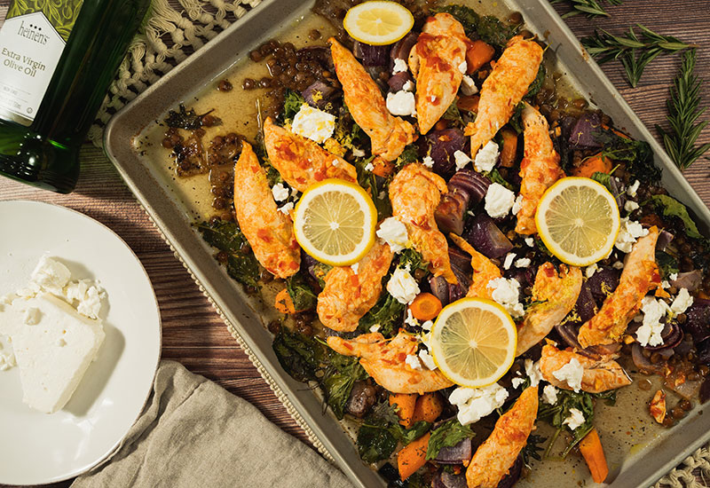 Healthy Harissa Chicken Bake with Lentils and Kale