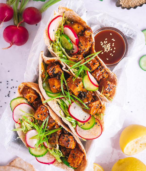 Sesame BBQ Tofu Pitas with Lemon Cabbage Slaw