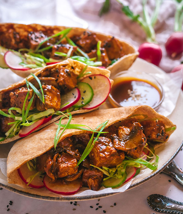 Sesame BBQ Tofu Pitas with Lemon Cabbage Slaw