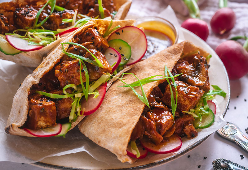 Sesame BBQ Tofu Pitas with Lemon Cabbage Slaw